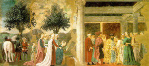 Adorazione del Sacro Legno ed incontro della Regina di Saba con Re Salomone, Affresco di Piero della Francesca, Leggenda della Vera Croce, San Francesco, Arezzo. No Copyright