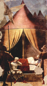 Sogno di Costantino, L’angelo si rivela di notte a Costantino, Affresco di Piero della Francesca, Leggenda della Vera Croce, San Francesco, Arezzo. No Copyright