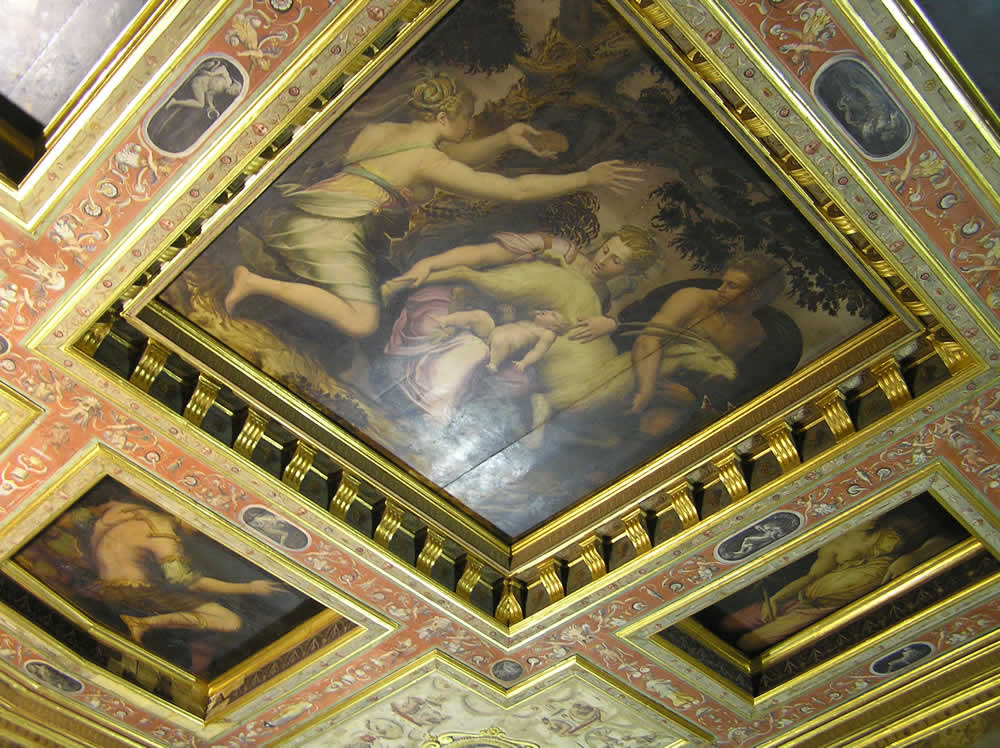 Jupiter raised by nymphs and suckled by the goat Amalthea, Jupiter Room, Apartments of the Elements, Palazzo Vecchio, Florence. Author and Copyright Marco Ramerini