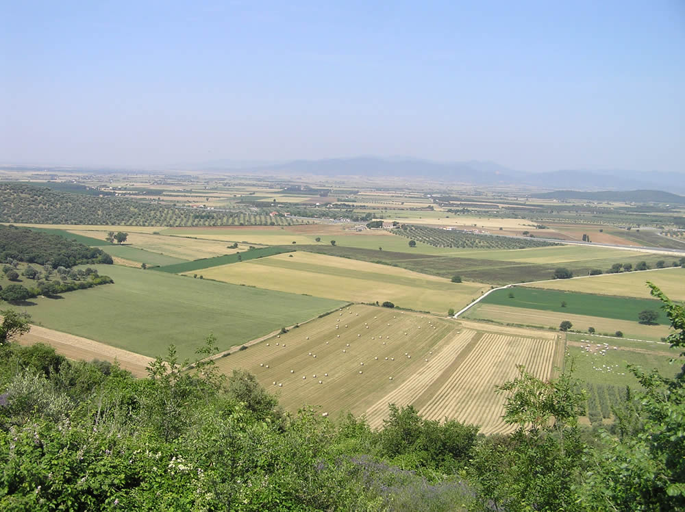 Il panorama che si ha dalla città di Roselle sulla pianura di Grosseto, qui in antichità era il Lago Prile, Grosseto. Author and Copyright Marco Ramerini