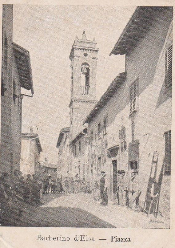Il campanile delle chiesa di Barberino Val d'Elsa in una vecchia foto
