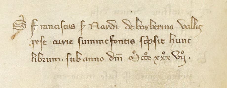 La dicitura di Francesco di Ser Nardo nel Codice Trivulziano. Milano presso la Biblioteca Trivulziana