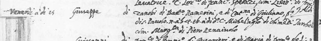 Il battesimo di Giuseppe Ramerini, babbo di Pietro e fratello di Jacopo: 15 aprile 1605.
