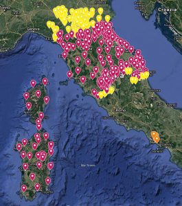 Mappa dell'area di utilizzo della parola “babbo” in rosso l'area di buona diffusione, in giallo l'area di confine, o di arretramento dell'utilizzo. In arancio l'area di Napoli dove l'utilizzo di “babbo” è attestato in forma minoritaria ancora oggi.