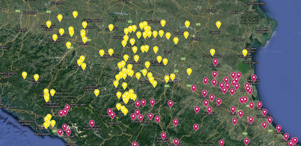 L'area del confine di utilizzo della parola “babbo” in Emilia Romagna.